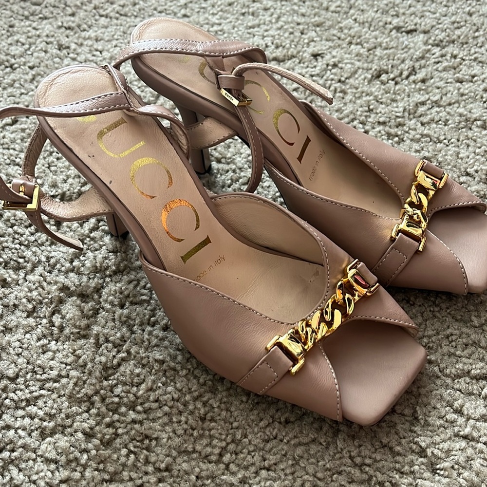 Gucci Tan Leather Open-Toe Chain Heel, worn
